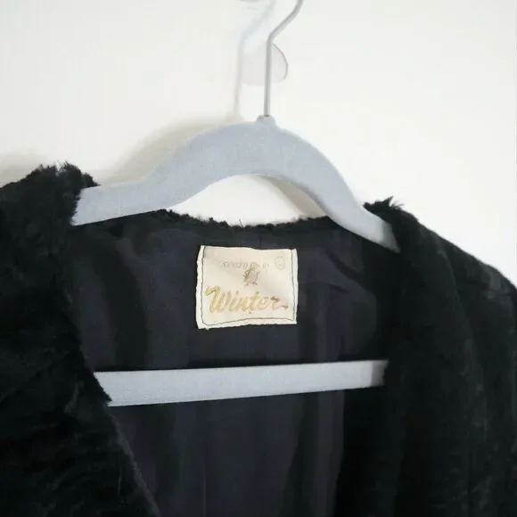 Vintage 1960s Styled By Winter Size L Faux Fur Teddy Coat Double Breasted Black - Picture 12 of 12